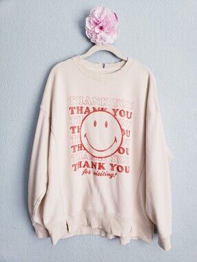 Aerie Smiley Company Thank You Off White Oversized Crewneck Sweater